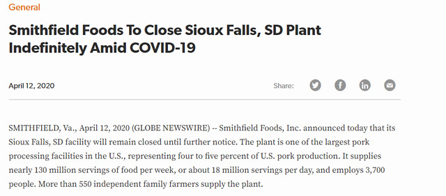 美国最大猪肉加工厂因疫情关闭！员工感染增多，将无限期关闭工厂！