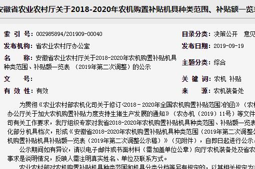 2018-2020年安徽农机购置补贴机具种类范围、补贴额一览表（2019年第二次调整）！