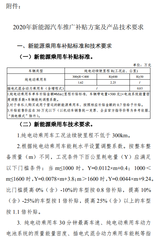 2020年新能源汽车补贴新政