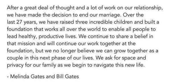 比尔盖茨离婚声明